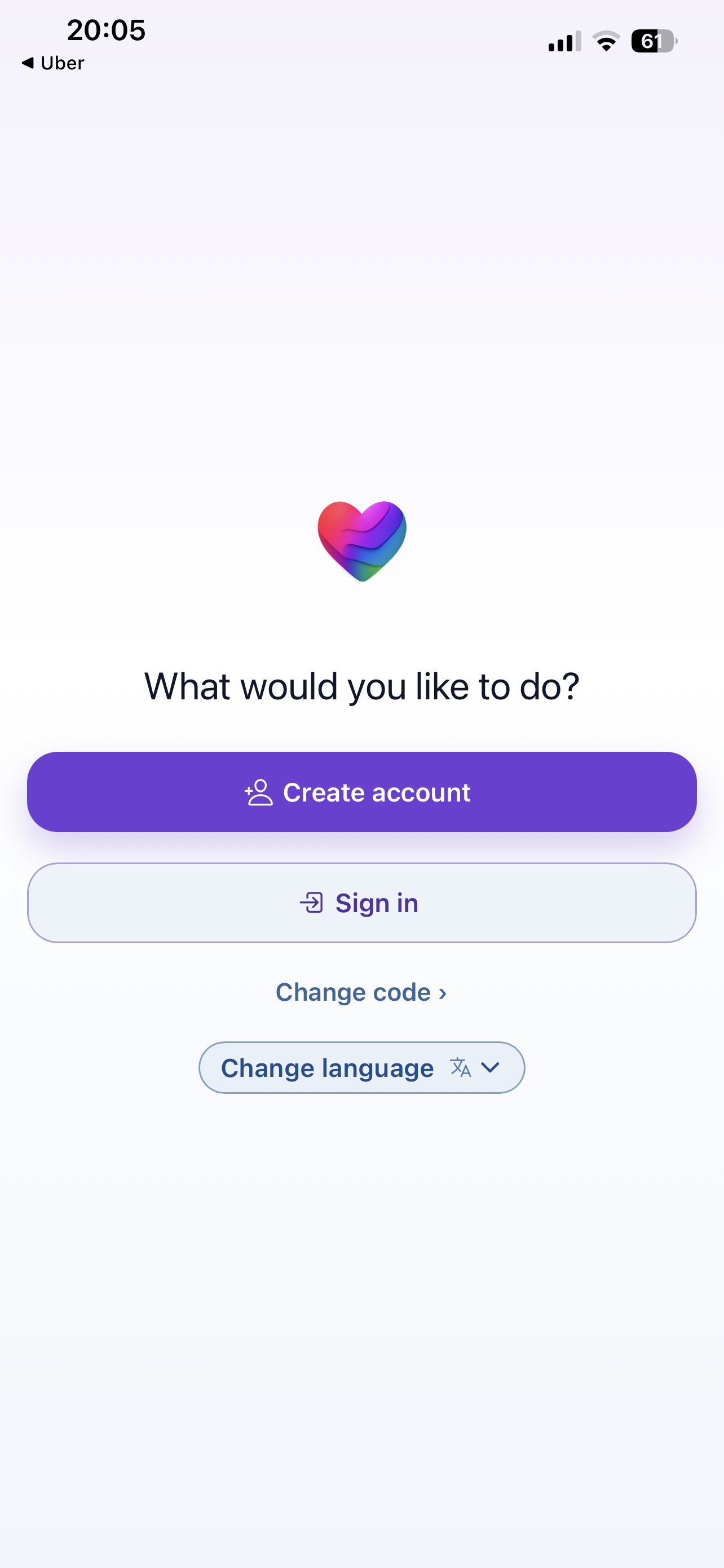 Create account, sign in, change code, and change language screen