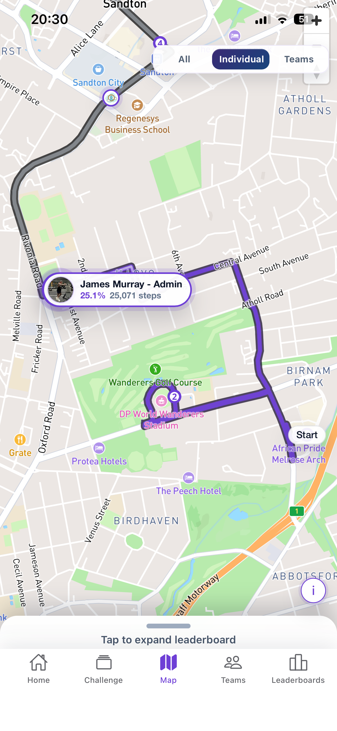 Challenge map showing individual progress, route markers, and leaderboard expansion