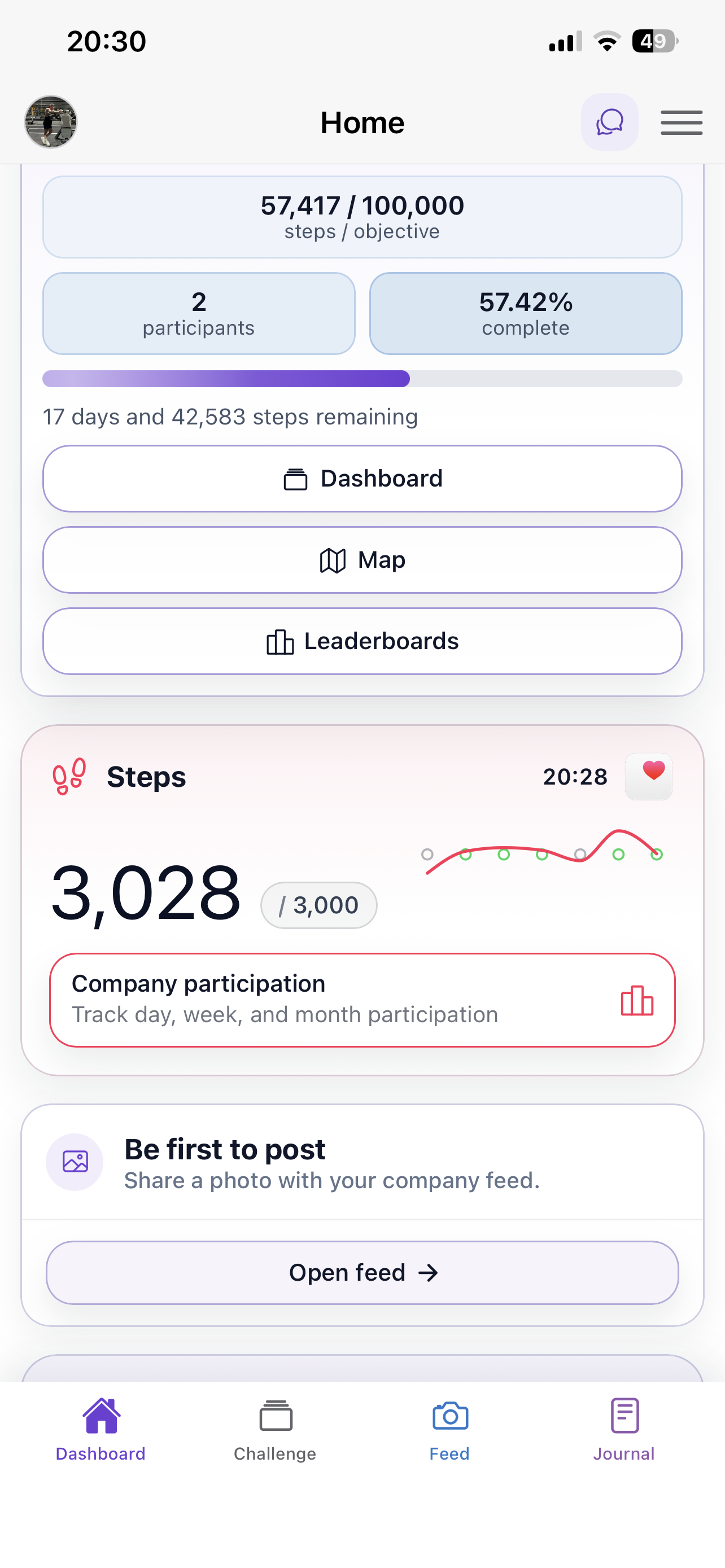 StepSense Gold home dashboard showing challenge progress, steps, feed, and journal navigation