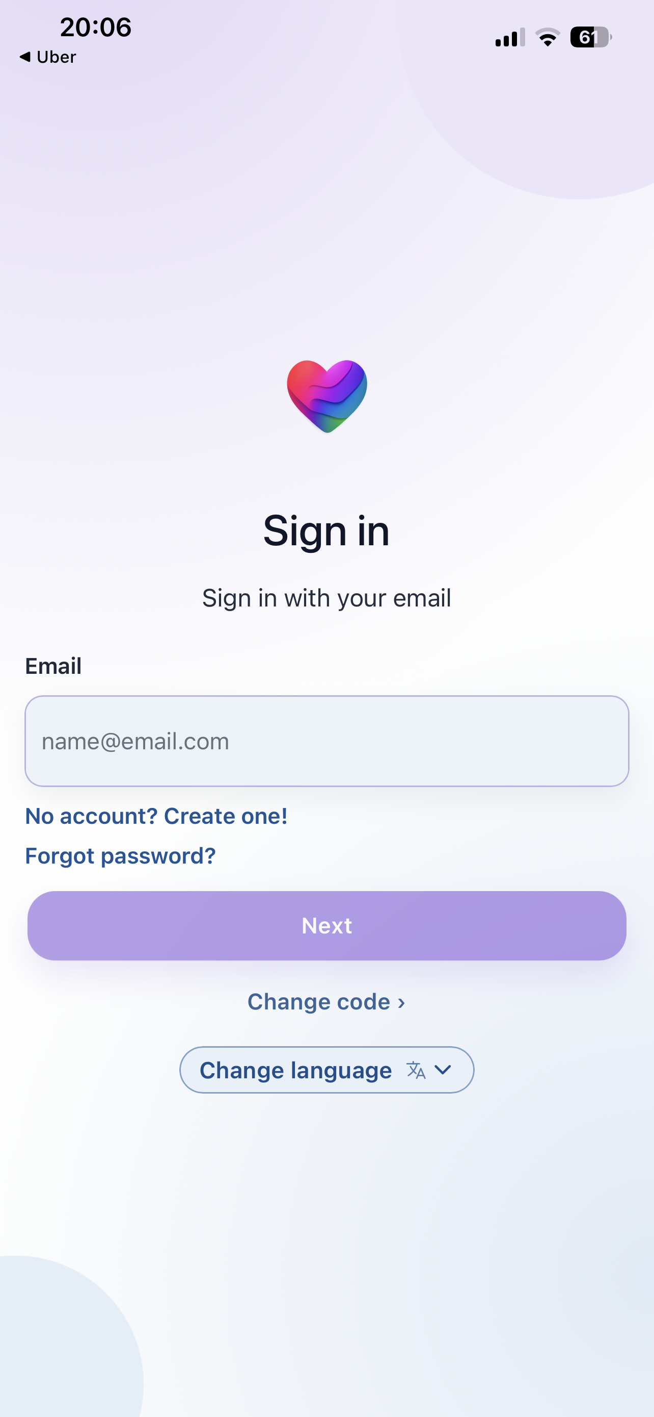 Email sign-in screen with change code and language controls