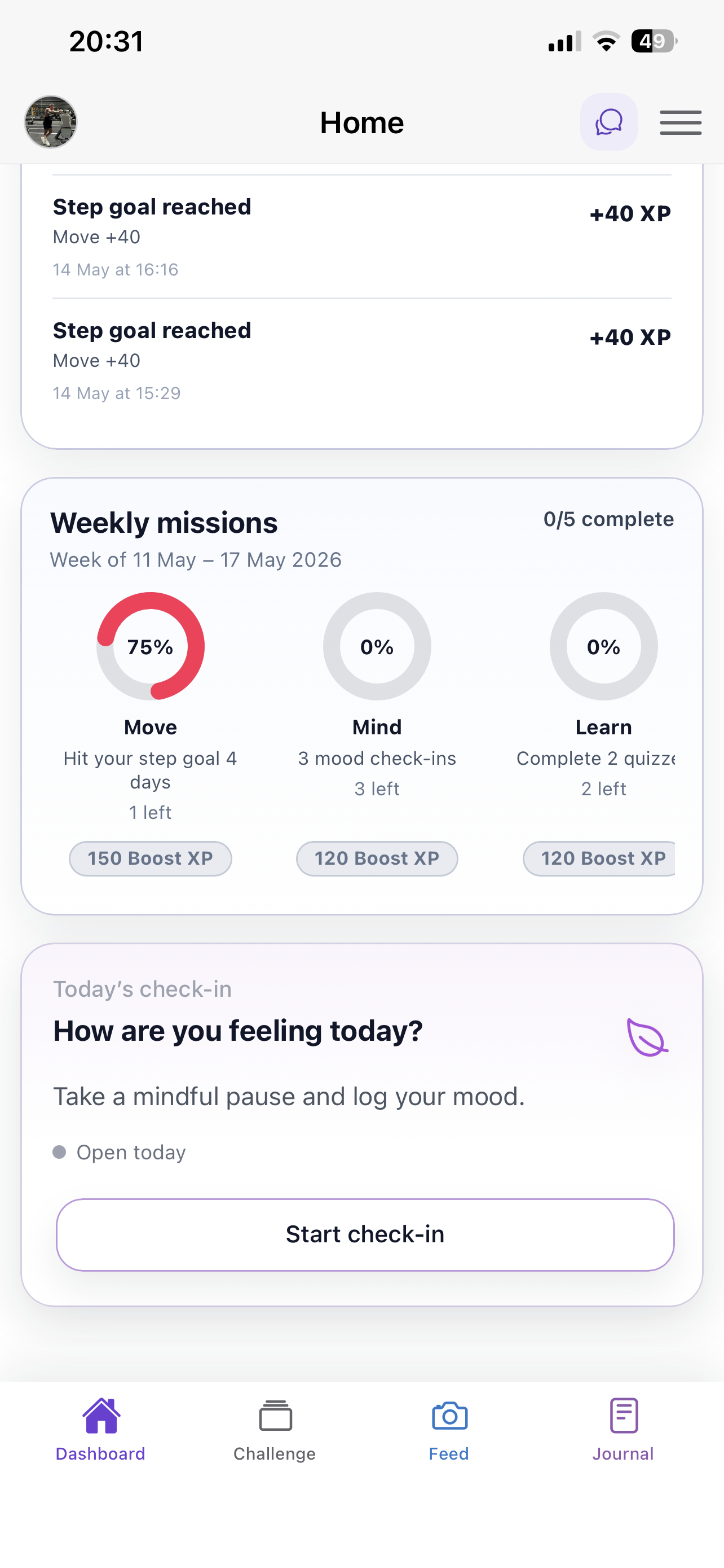 Weekly missions and daily mood check-in screen